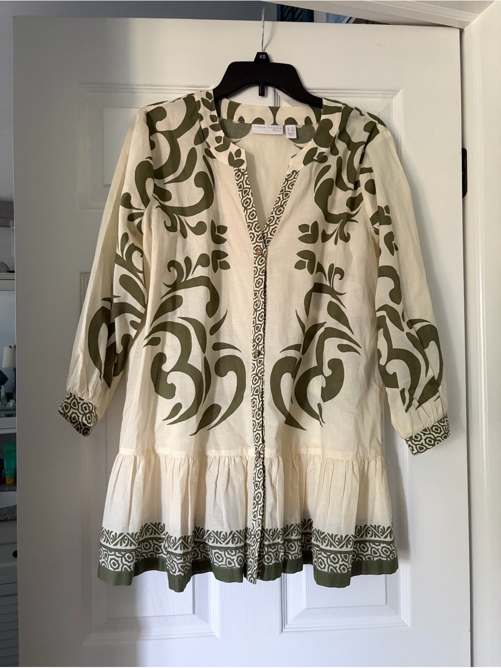 Susan Graver Cream Tunic Jacket with Olive Scroll Print